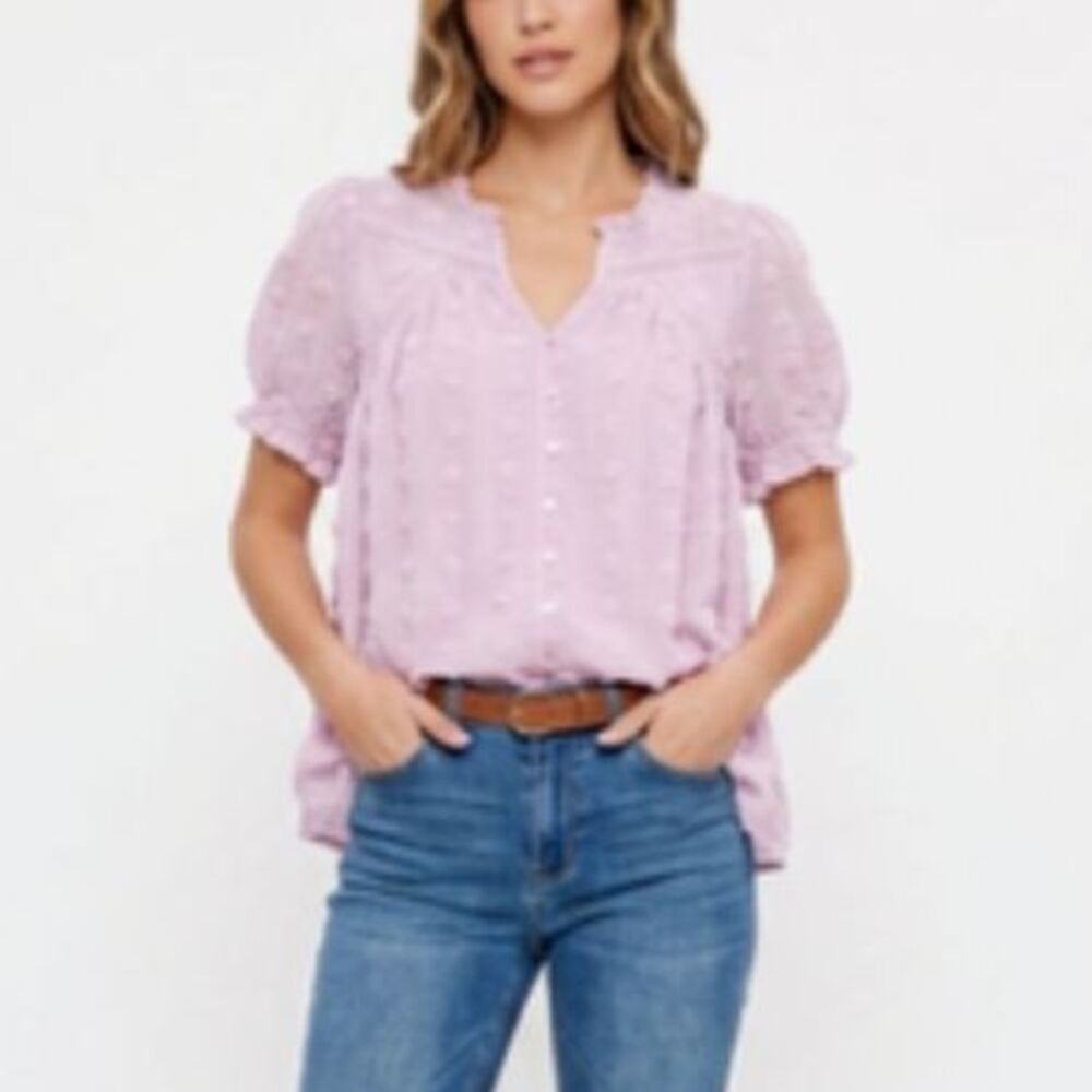 Umgee Women's Pink Clipped Swiss Dot V-Neck Puff SS Button-Up Top Size S